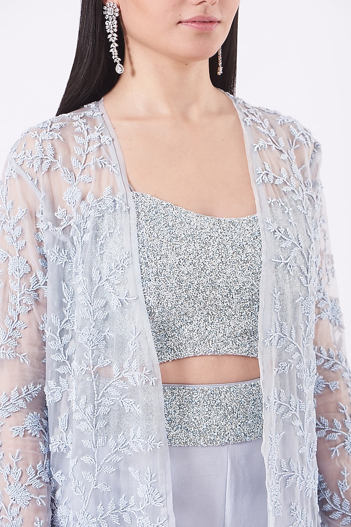 Ice Blue Embroidered Jacket Set by COUTURE BY NIHARIKA at Pernia's Pop Up Shop