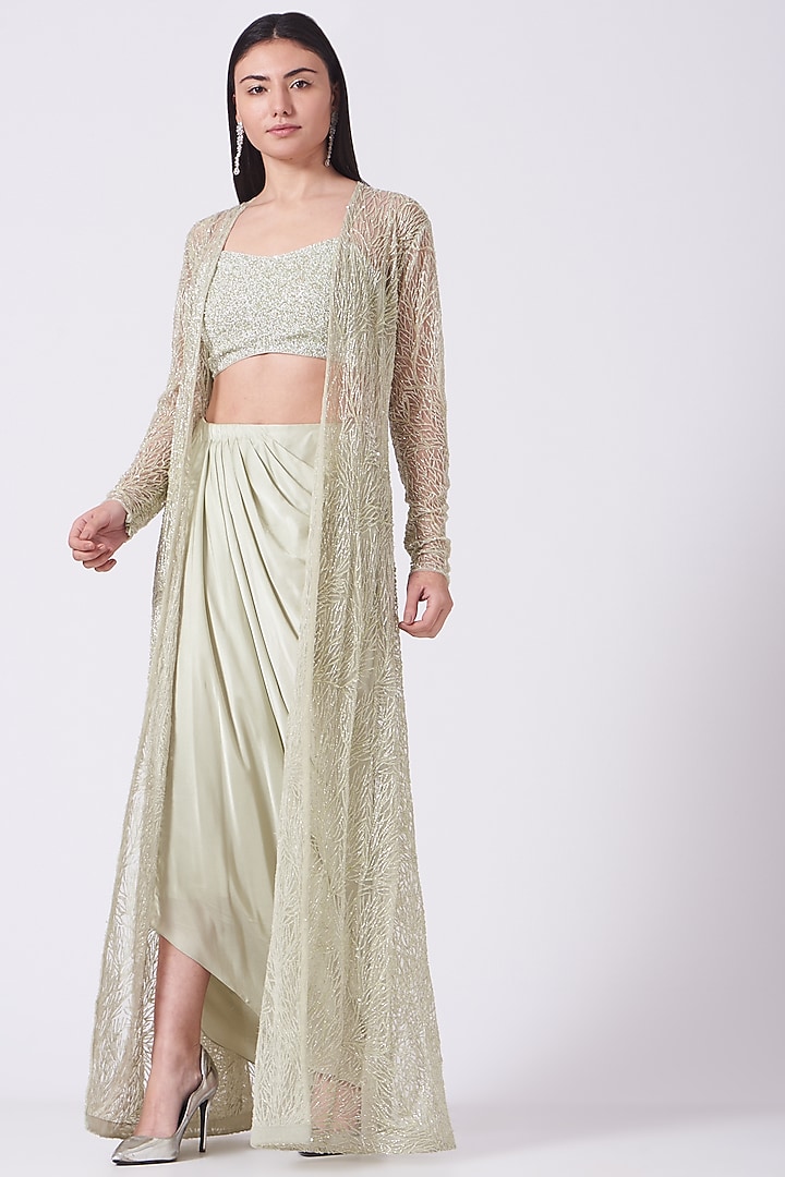 Mint Green Hand Embroidered Jacket Set by COUTURE BY NIHARIKA at Pernia's Pop Up Shop