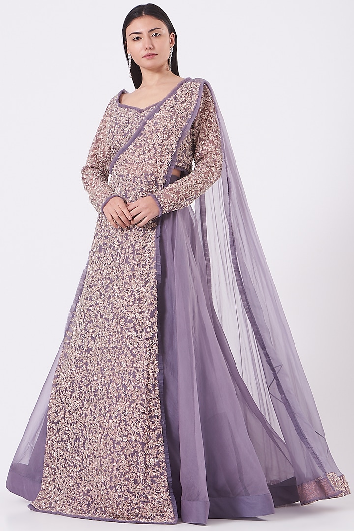 Pale Grape Embroidered Flared Lehenga Set by COUTURE BY NIHARIKA