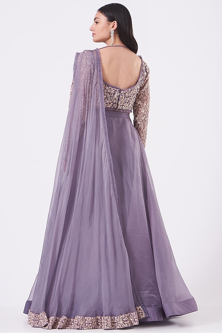 Charcoal Purple Organza Embroidered Flared Wedding Lehenga Set by COUTURE BY NIHARIKA at Pernia's Pop Up Shop
