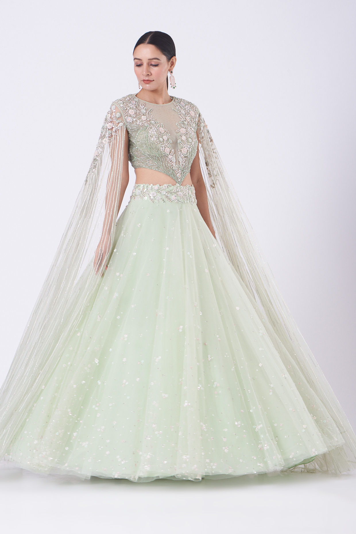 Mint Embroidered Wedding Lehenga Set by COUTURE BY NIHARIKA at Pernia's Pop Up Shop