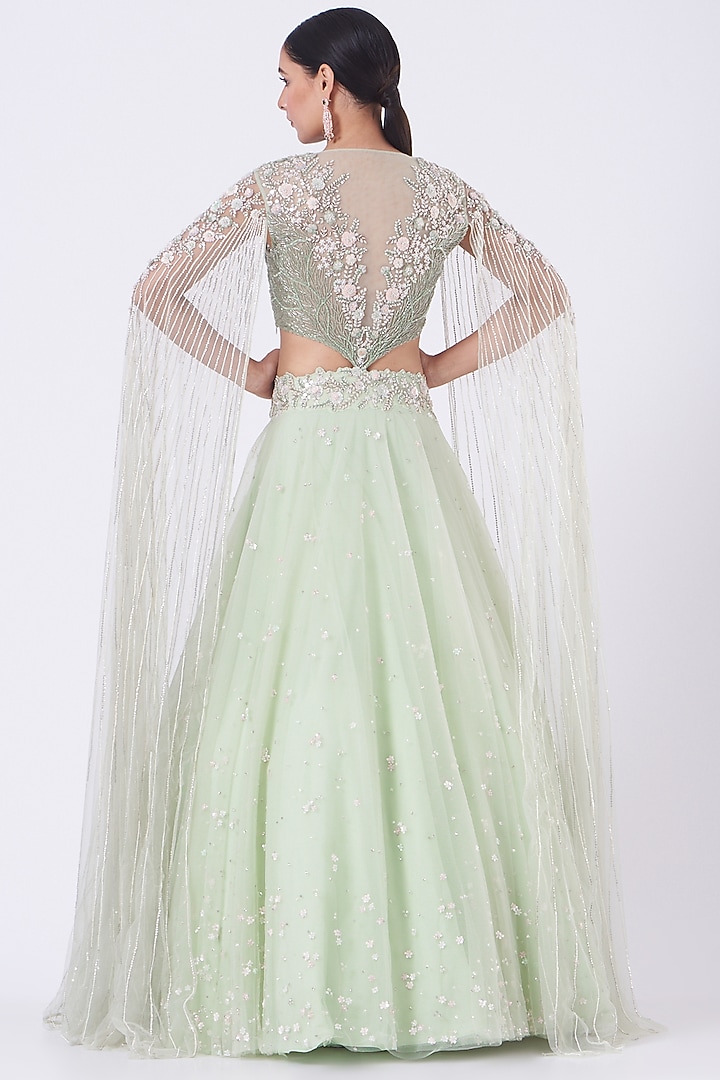 Mint Embroidered Wedding Lehenga Set by COUTURE BY NIHARIKA at Pernia's Pop Up Shop