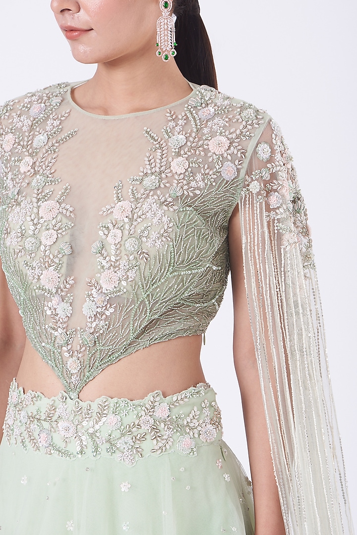Mint Embroidered Wedding Lehenga Set by COUTURE BY NIHARIKA at Pernia's Pop Up Shop