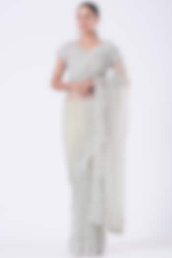 Mint Hand Embroidered Reception Saree Set by COUTURE BY NIHARIKA at Pernia's Pop Up Shop