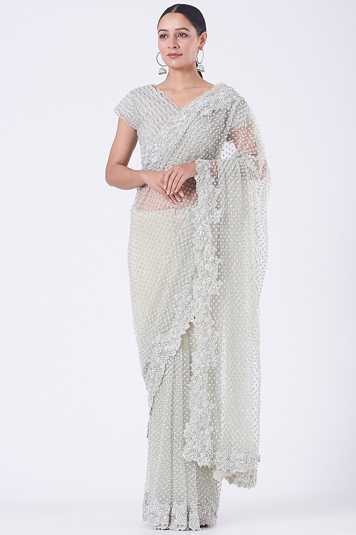 Mint Hand Embroidered Reception Saree Set by COUTURE BY NIHARIKA at Pernia's Pop Up Shop