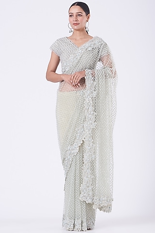 Mint Hand Embroidered Saree Set by COUTURE BY NIHARIKA