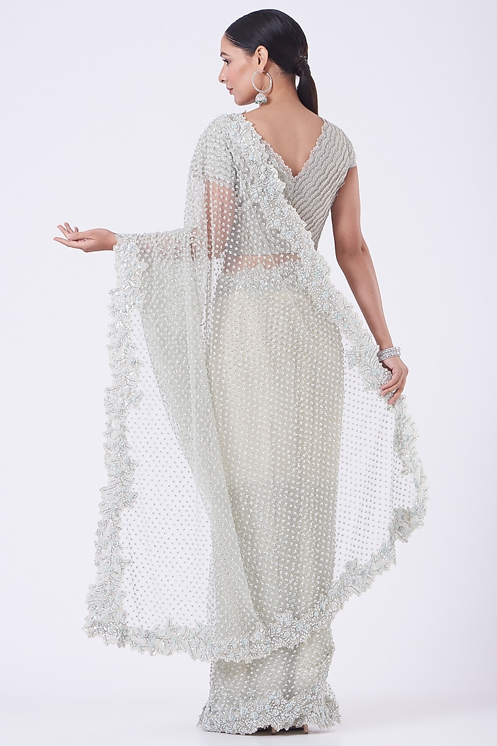 Mint Hand Embroidered Reception Saree Set by COUTURE BY NIHARIKA at Pernia's Pop Up Shop