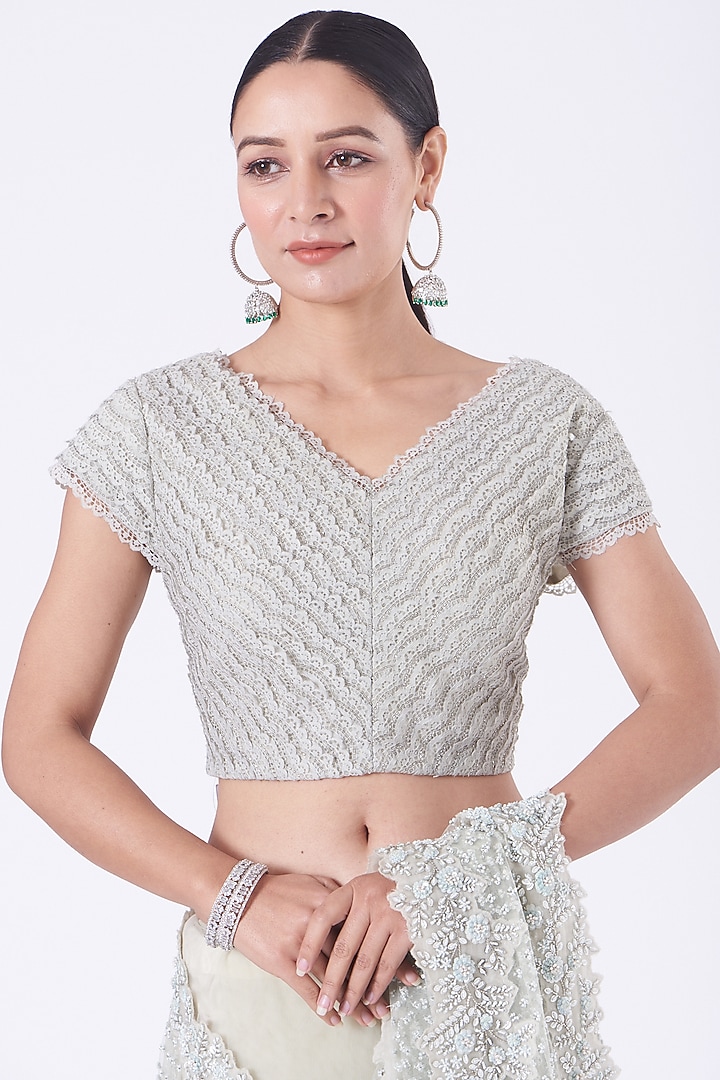 Mint Hand Embroidered Reception Saree Set by COUTURE BY NIHARIKA at Pernia's Pop Up Shop
