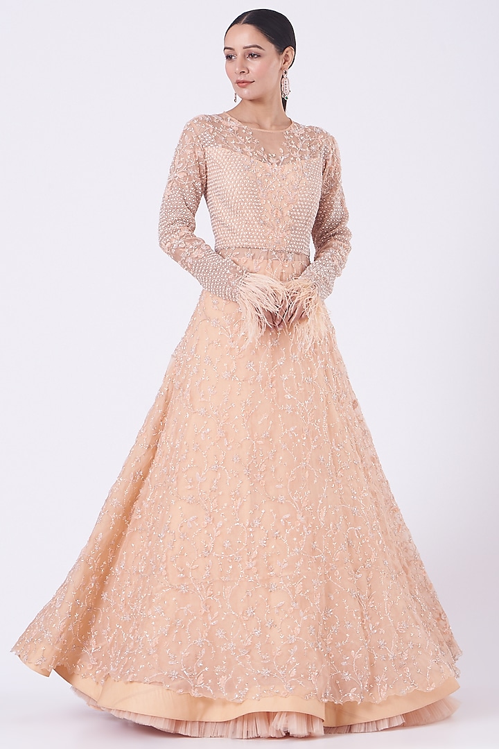 Peach Embroidered Gown by COUTURE BY NIHARIKA
