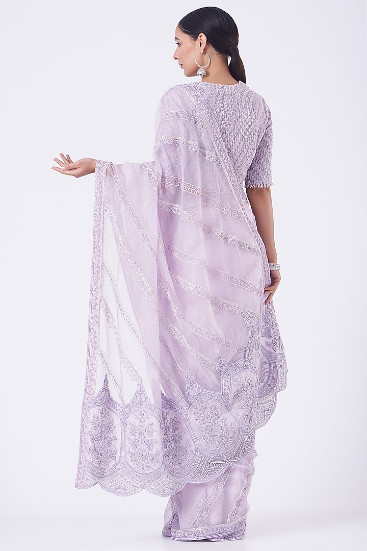Lilac Purple Organza Hand Embroidered Reception Saree Set by COUTURE BY NIHARIKA at Pernia's Pop Up Shop
