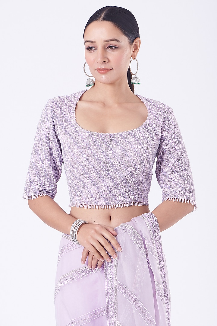 Lilac Purple Organza Hand Embroidered Reception Saree Set by COUTURE BY NIHARIKA at Pernia's Pop Up Shop