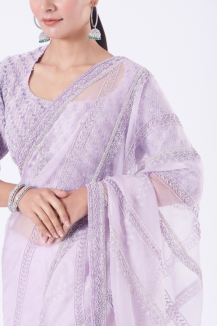 Lilac Purple Organza Hand Embroidered Reception Saree Set by COUTURE BY NIHARIKA at Pernia's Pop Up Shop