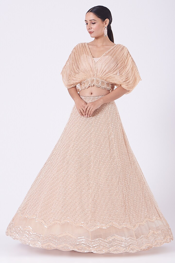 Peach Pearl Embroidered Bridal Lehenga Set by COUTURE BY NIHARIKA at Pernia's Pop Up Shop