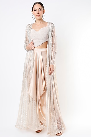 Peach Embroidered Jacket Set by COUTURE BY NIHARIKA