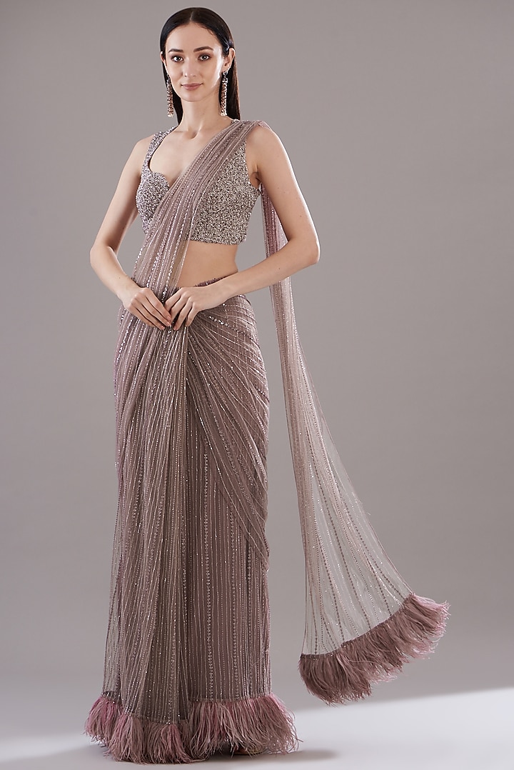 Dusty Purple Net Embroidered Saree Set by COUTURE BY NIHARIKA