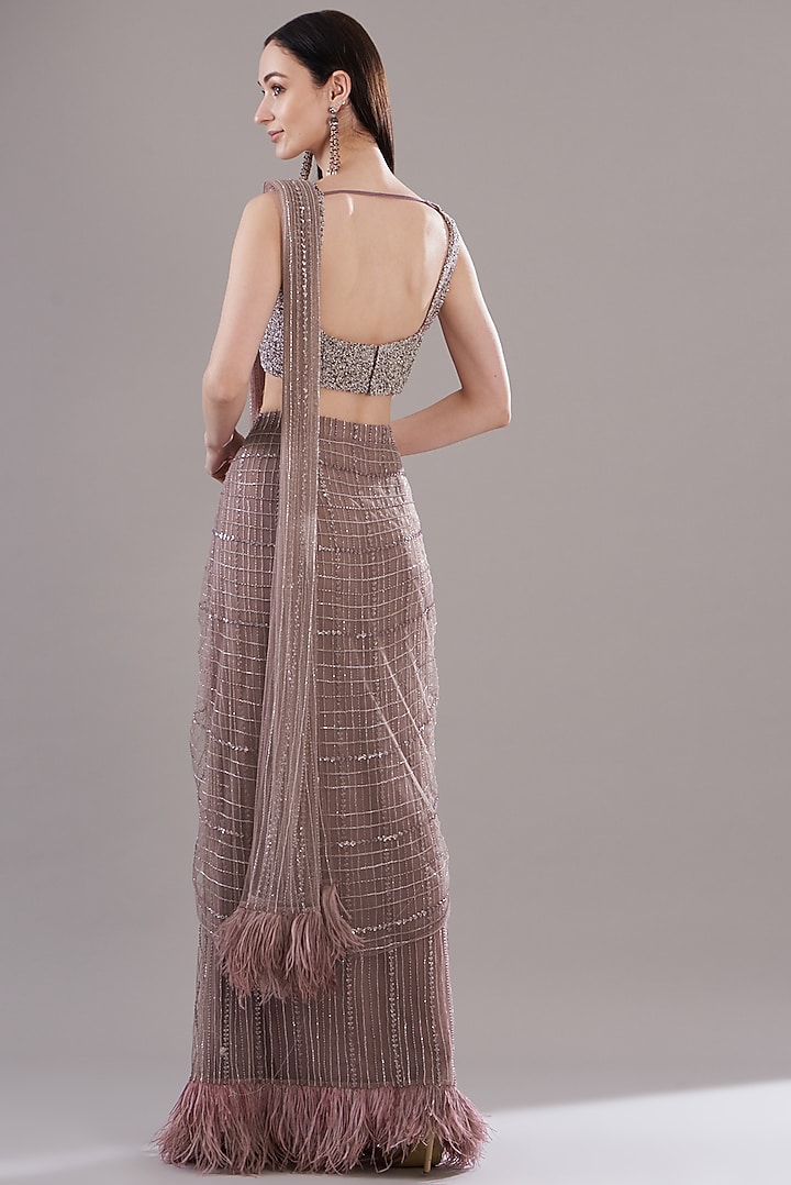 Dusty Purple Net Embroidered Reception Saree Set by COUTURE BY NIHARIKA at Pernia's Pop Up Shop