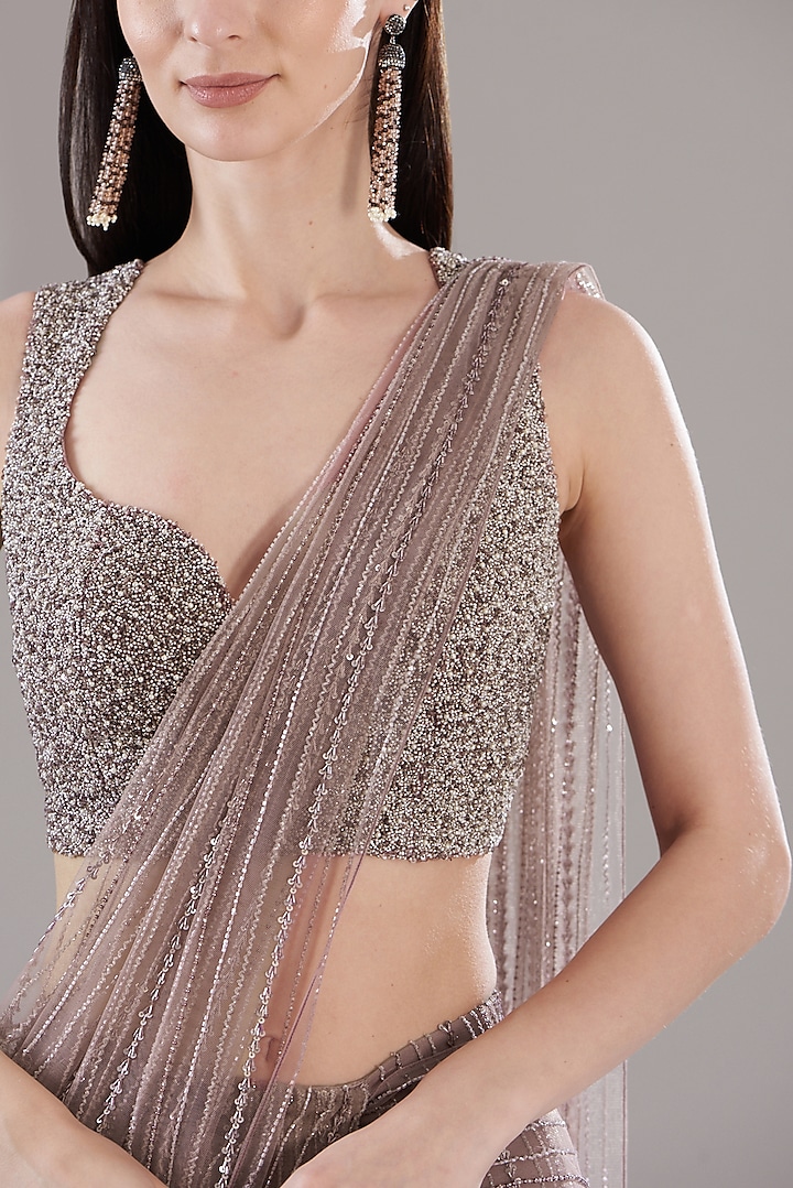 Dusty Purple Net Embroidered Reception Saree Set by COUTURE BY NIHARIKA at Pernia's Pop Up Shop