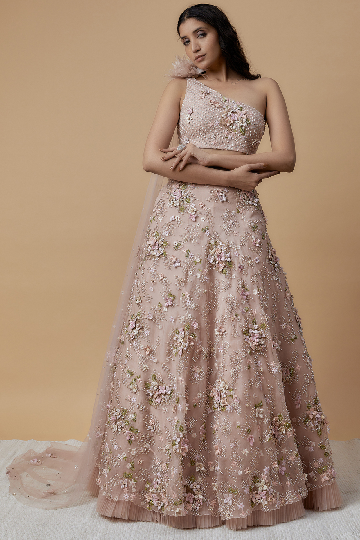 Blush Pink Net Embroidered Bridal Lehenga Set by COUTURE BY NIHARIKA at Pernia's Pop Up Shop