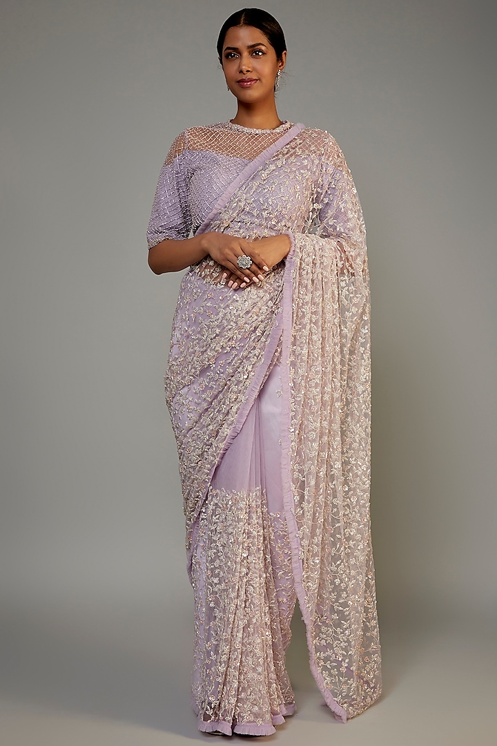 Lavender Organza Hand Embroidered Saree Set by COUTURE BY NIHARIKA