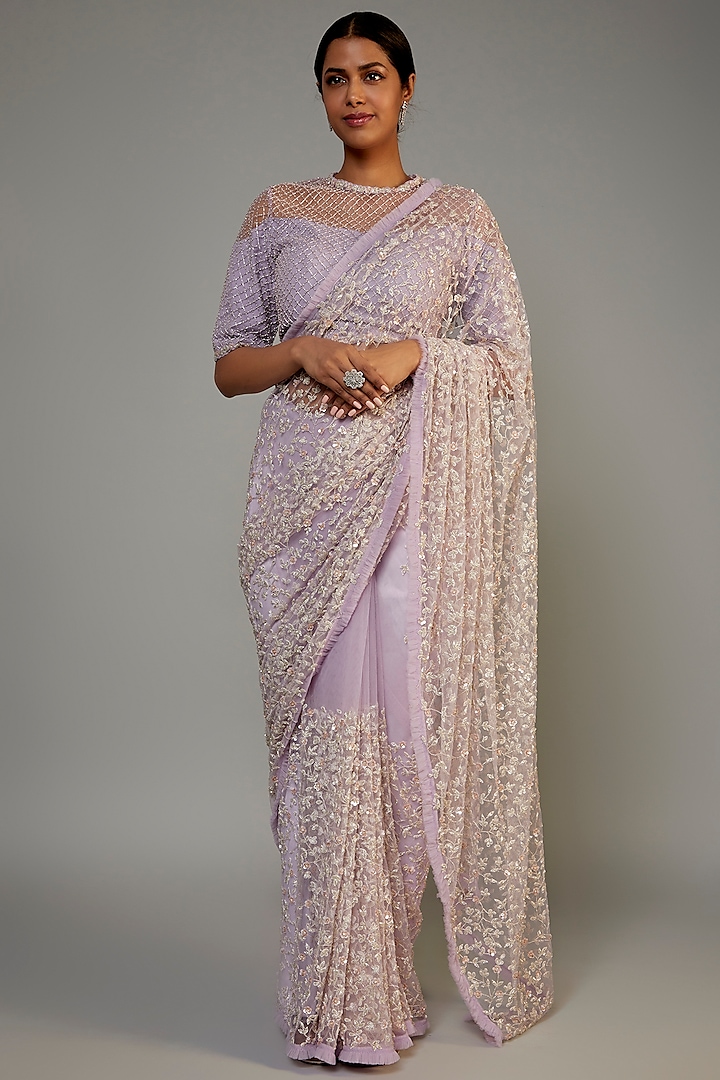 Lavender Organza Hand Embroidered Saree Set by COUTURE BY NIHARIKA at Pernia's Pop Up Shop