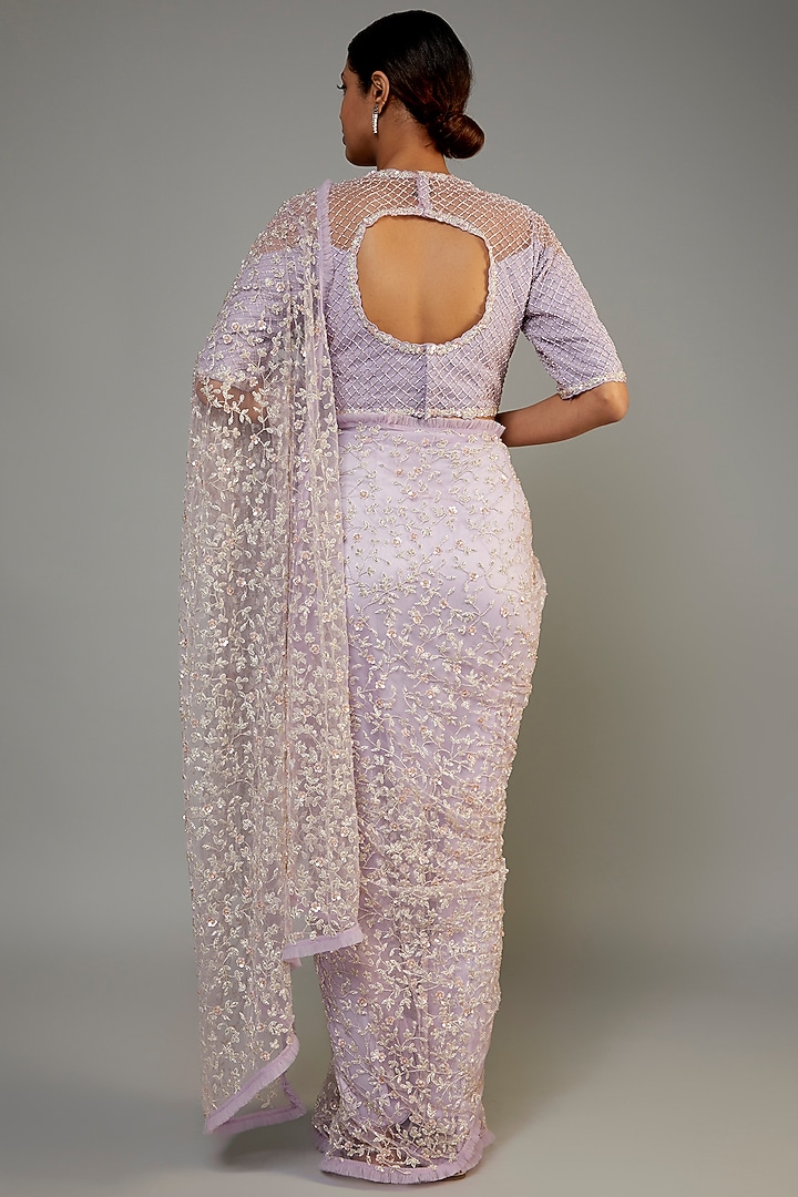 Lavender Organza Hand Embroidered Reception Saree Set by COUTURE BY NIHARIKA at Pernia's Pop Up Shop