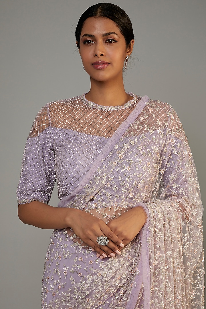 Lavender Organza Hand Embroidered Reception Saree Set by COUTURE BY NIHARIKA at Pernia's Pop Up Shop