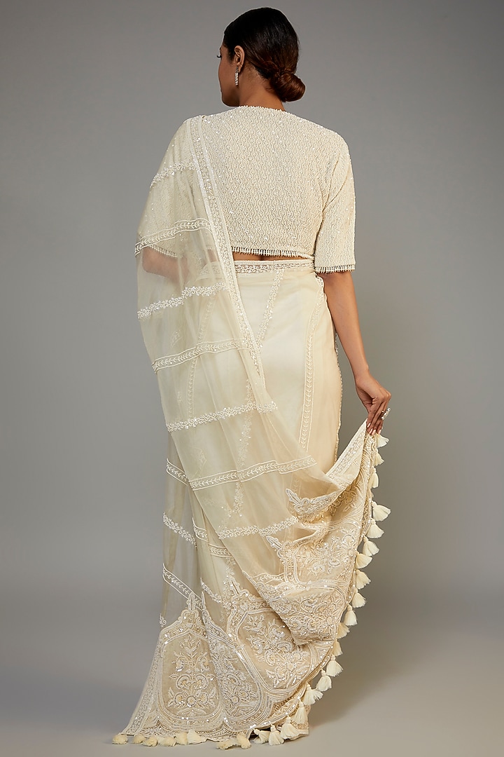 Ivory Organza Hand Embroidered Reception Saree Set by COUTURE BY NIHARIKA at Pernia's Pop Up Shop