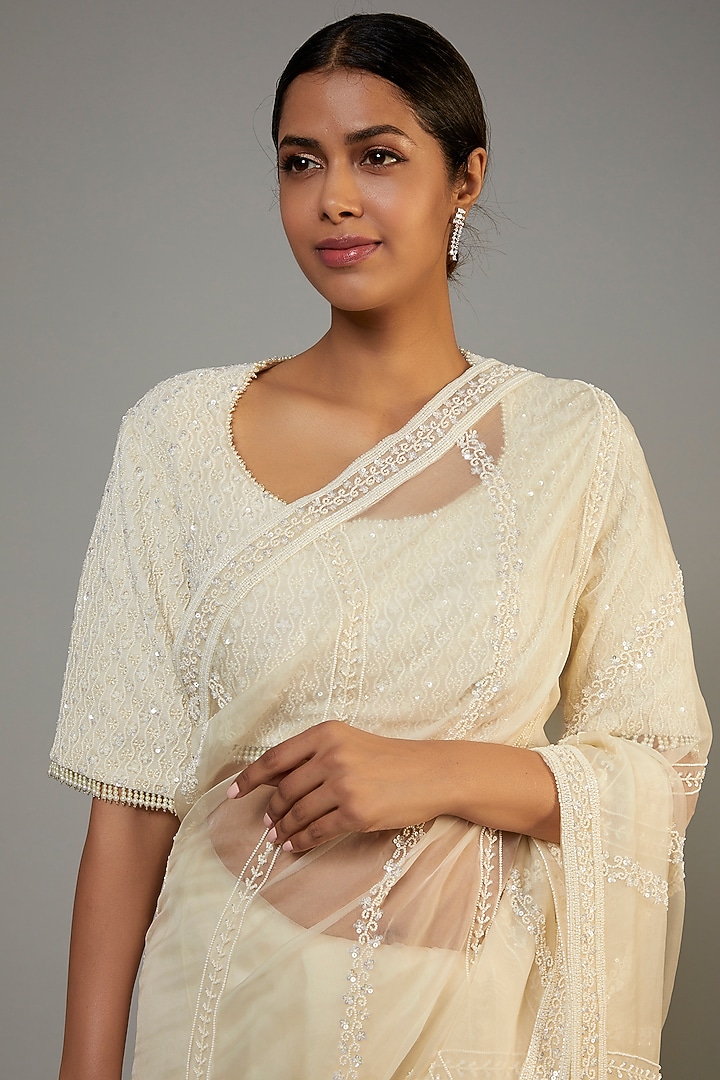 Ivory Organza Hand Embroidered Reception Saree Set by COUTURE BY NIHARIKA at Pernia's Pop Up Shop