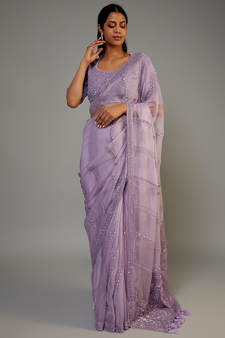 Lavender Organza Embroidered Saree Set by COUTURE BY NIHARIKA