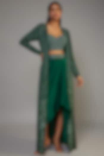 Emerald Green Pure Satin Embroidered Jacket Set by COUTURE BY NIHARIKA