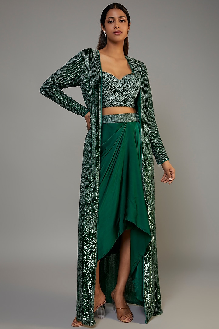 Emerald Green Pure Satin Embroidered Jacket Set by COUTURE BY NIHARIKA