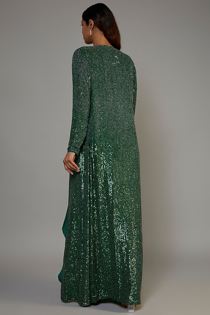 Emerald Green Pure Satin Embroidered Jacket Set by COUTURE BY NIHARIKA at Pernia's Pop Up Shop