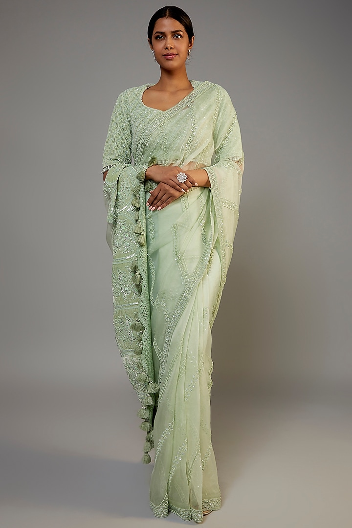Mint Green Organza Embroidered Saree Set by COUTURE BY NIHARIKA