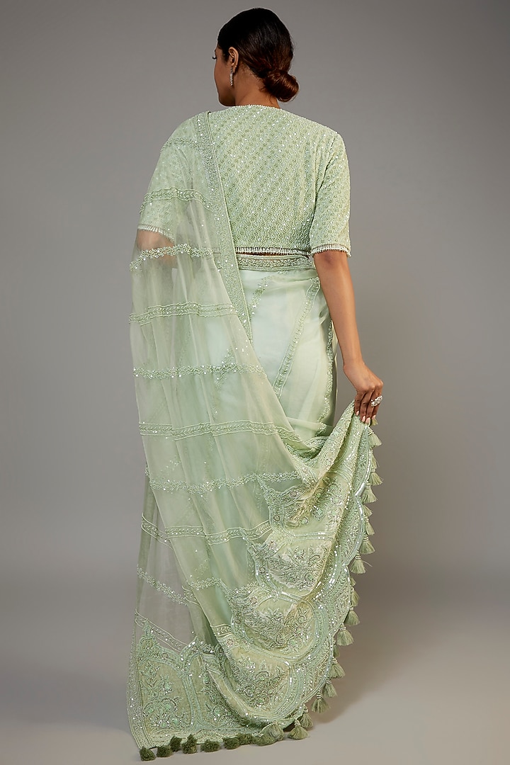 Mint Green Organza Embroidered Reception Saree Set by COUTURE BY NIHARIKA at Pernia's Pop Up Shop