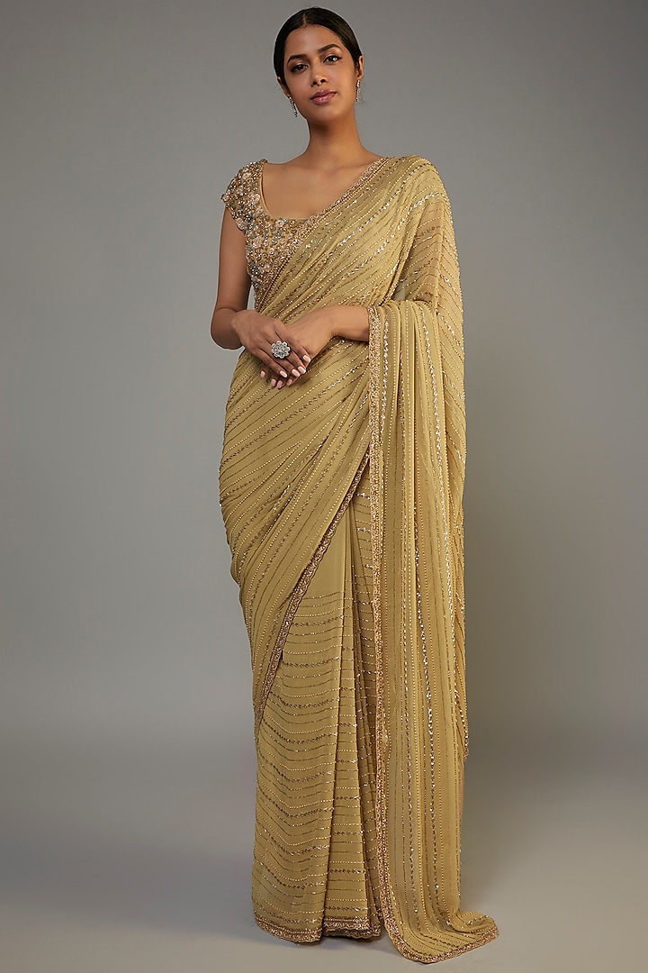 Gold Organza Embroidered Saree Set by COUTURE BY NIHARIKA