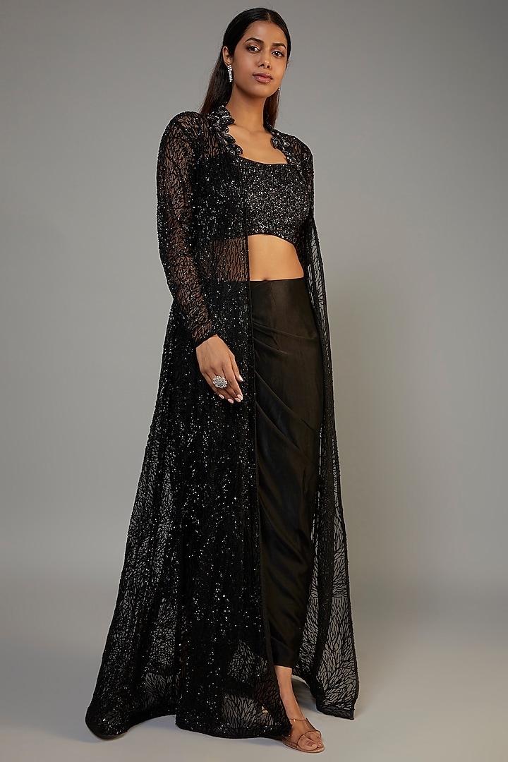 Black Pure Satin Embroidered Jacket Set by COUTURE BY NIHARIKA