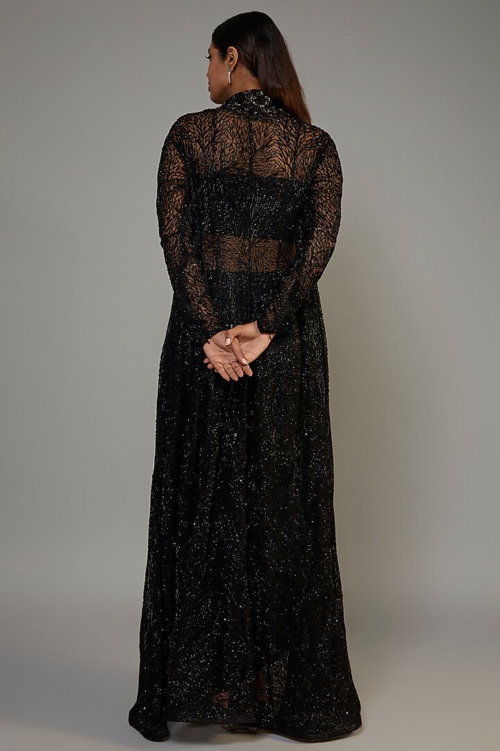 Black Pure Satin Embroidered Jacket Set by COUTURE BY NIHARIKA at Pernia's Pop Up Shop