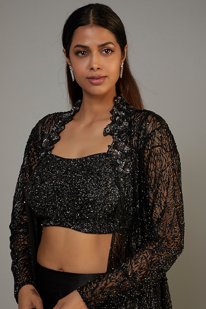 Black Pure Satin Embroidered Jacket Set by COUTURE BY NIHARIKA at Pernia's Pop Up Shop