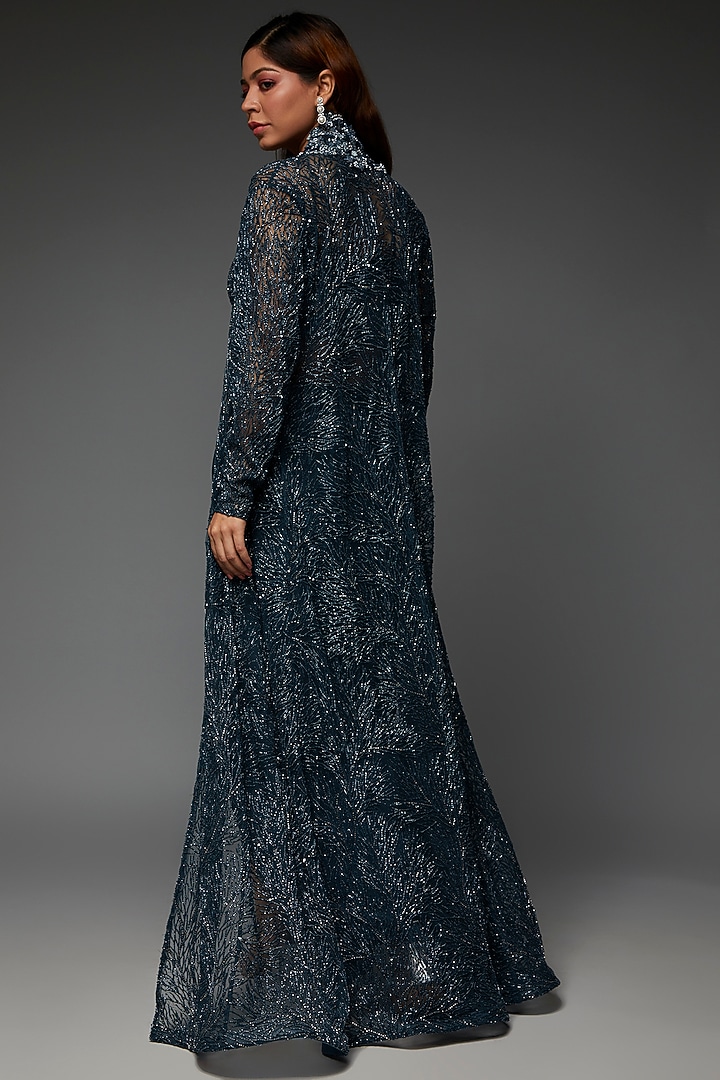 Cobalt Blue Pure Satin & Net Embroidered Jacket Set by COUTURE BY NIHARIKA at Pernia's Pop Up Shop