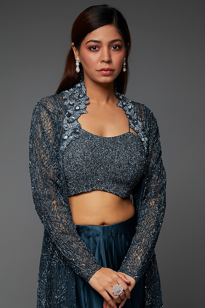 Cobalt Blue Pure Satin & Net Embroidered Jacket Set by COUTURE BY NIHARIKA at Pernia's Pop Up Shop