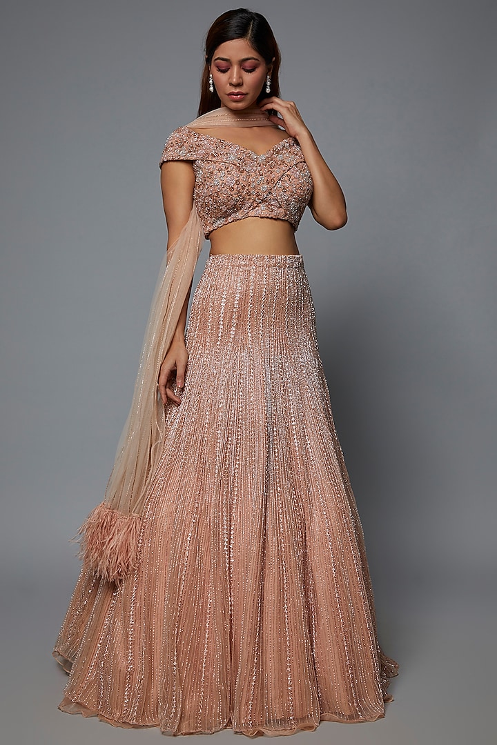 Peach Net Embroidered Lehenga Set by COUTURE BY NIHARIKA