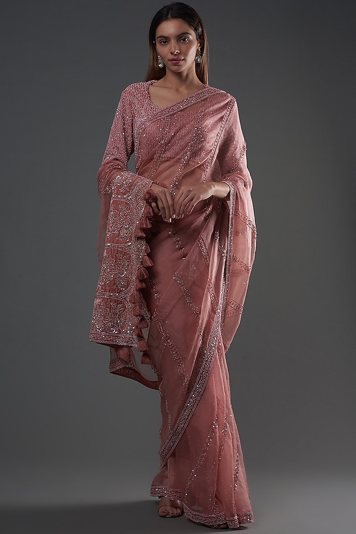 Blush Pink Organza Embroidered Saree Set by COUTURE BY NIHARIKA