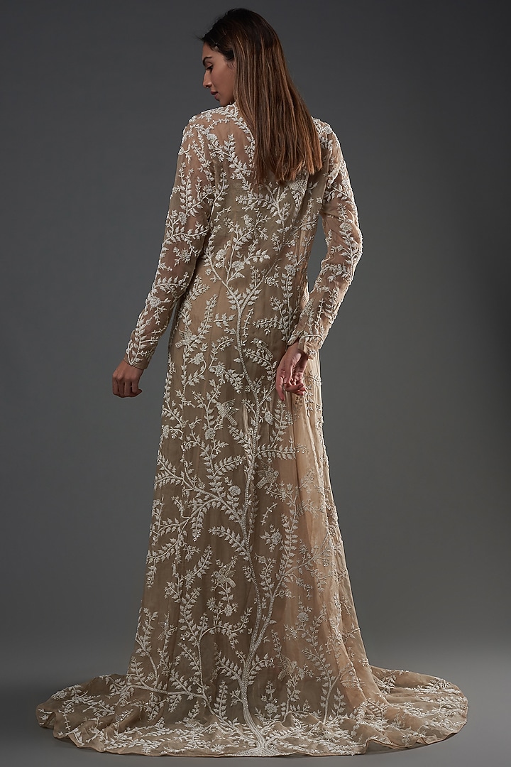 Dark Beige Organza & Habutai Silk Embroidered Jacket Set by COUTURE BY NIHARIKA at Pernia's Pop Up Shop