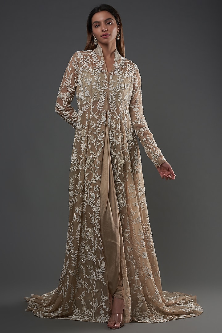 Dark Beige Organza & Habutai Silk Embroidered Jacket Set by COUTURE BY NIHARIKA at Pernia's Pop Up Shop