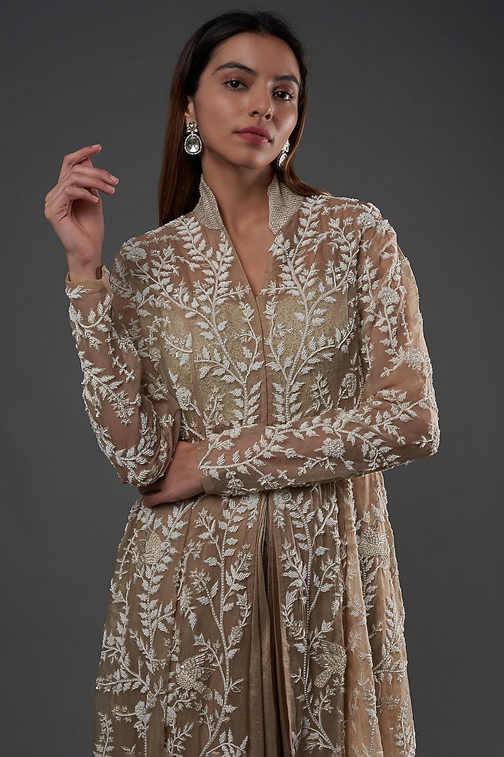 Dark Beige Organza & Habutai Silk Embroidered Jacket Set by COUTURE BY NIHARIKA at Pernia's Pop Up Shop
