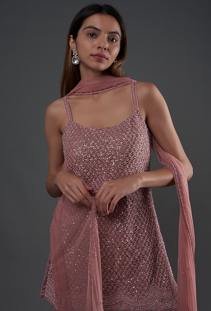 Blush Pink Organza & Georgette Gathered Wedding Sharara Set by COUTURE BY NIHARIKA at Pernia's Pop Up Shop