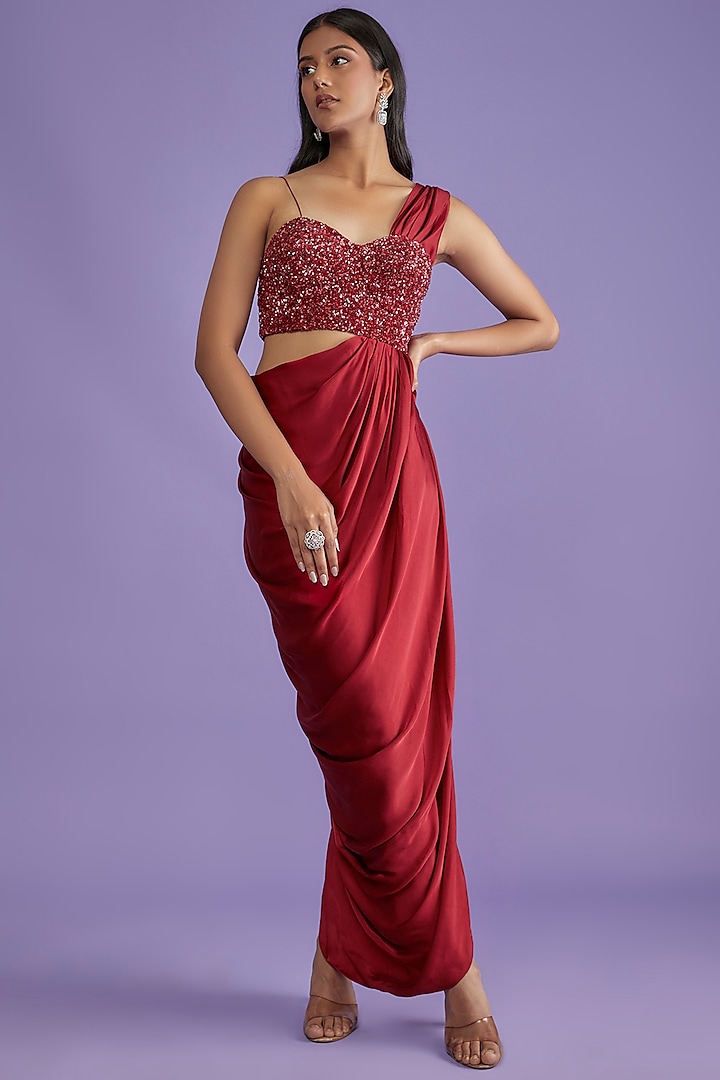 Red Pure Satin Draped Gown With Corset by COUTURE BY NIHARIKA