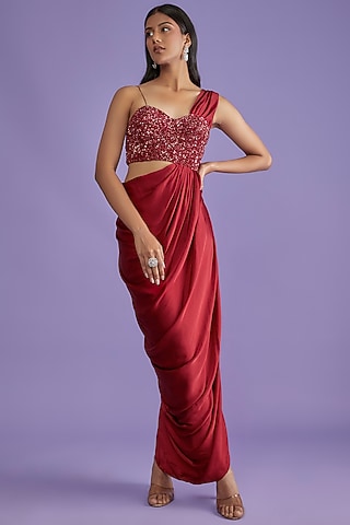 Red Pure Satin Draped Gown With Corset by COUTURE BY NIHARIKA