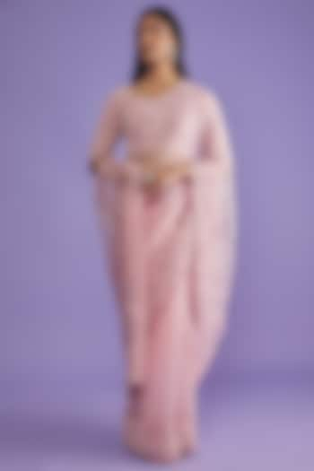 Lilac-Pink Organza Embroidered Saree Set by COUTURE BY NIHARIKA at Pernia's Pop Up Shop