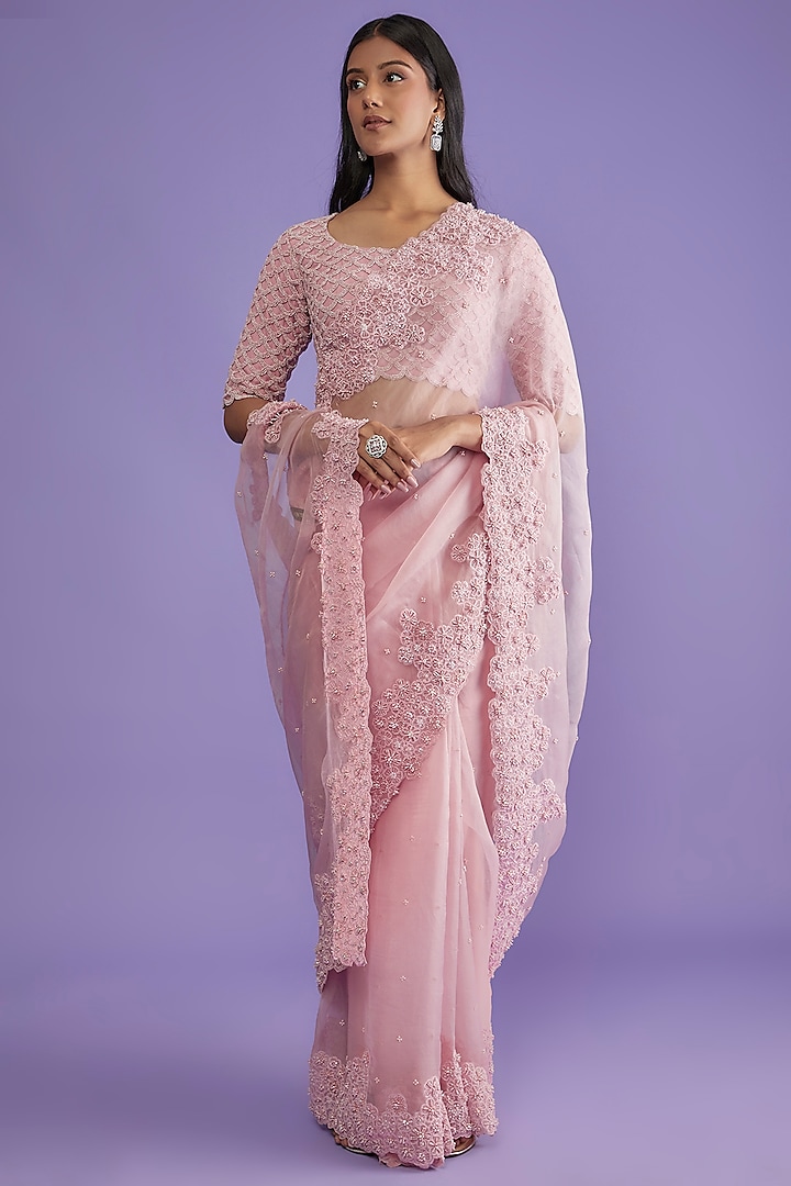 Lilac-Pink Organza Embroidered Saree Set by COUTURE BY NIHARIKA
